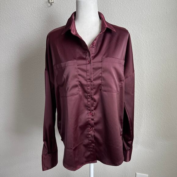 Nasty Gal Dark Red Oversized Button Down Shirt Women's 4 Shimmer Long Sleeves - Picture 1 of 7
